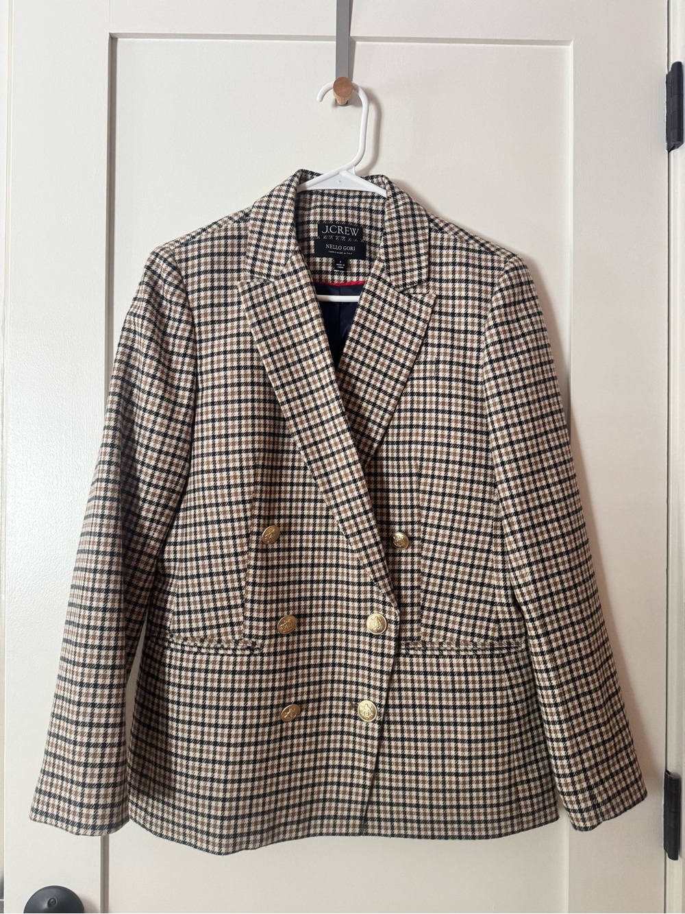 J. Crew Double-Breasted Checked Blazer in Beige and Black